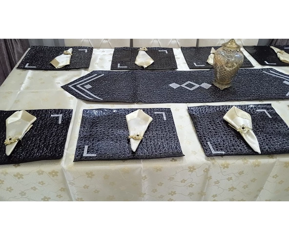Mandaş Yemek seti 8 Kişilik deri runnerli  yüzüklü siyah / gold - 2