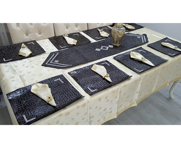 Mandaş Yemek seti 8 Kişilik deri runnerli yüzüklü siyah / gold