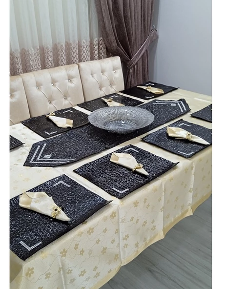 Mandaş Yemek seti 8 Kişilik deri runnerli yüzüklü siyah / gold - 4