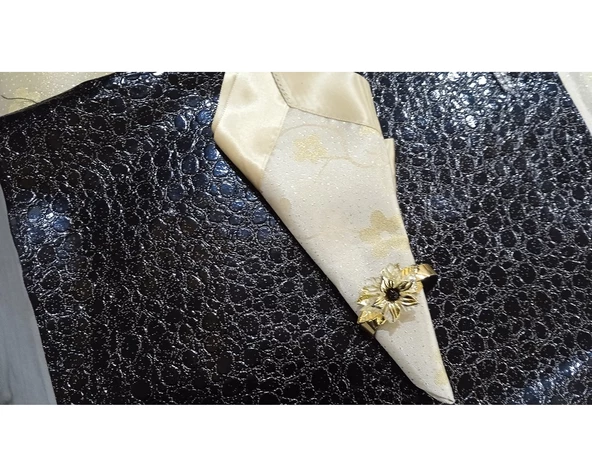 Mandaş Yemek seti 8 Kişilik deri runnerli yüzüklü siyah / gold - 3