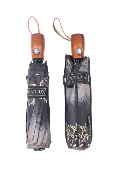 Marlux Gri Desenli Ahşap Saplı Tam Otomatik Premium Lüks Kadın Şemsiye M21MAR1002LR006 - Resim 7