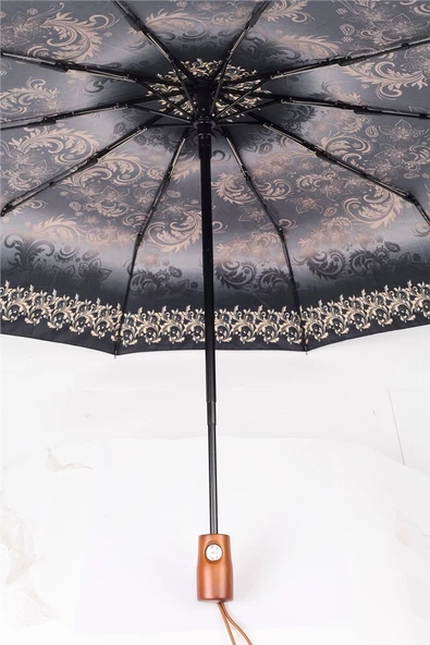 Marlux Gri Desenli Ahşap Saplı Tam Otomatik Premium Lüks Kadın Şemsiye M21MAR1002LR006 - Resim 6