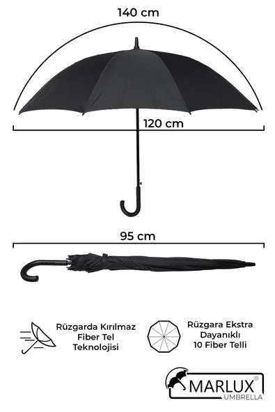 Marlux Siyah Fiber 10  Tel Erkek Baston Şemsiye M21MAR10139R001 - 6