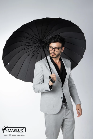 Marlux Siyah Baston 24 Fiber Tel Hakiki Deri Saplı Ultra Premium Protokol Şemsiye M21MAR1024R001 - 2
