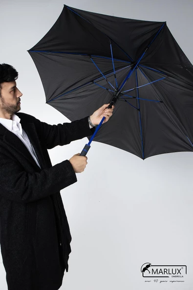 Marlux 8 Fiber Telli Rüzgara Dayanıklı Otomatik Özel Tasarım Protokol Şemsiye Siyah Mavi MPR2008 - Resim 6