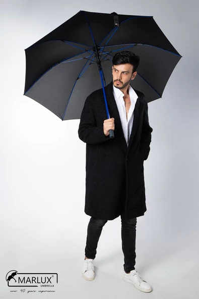 Marlux 8 Fiber Telli Rüzgara Dayanıklı Otomatik Özel Tasarım Protokol Şemsiye Siyah Mavi MPR2008 - Resim 2