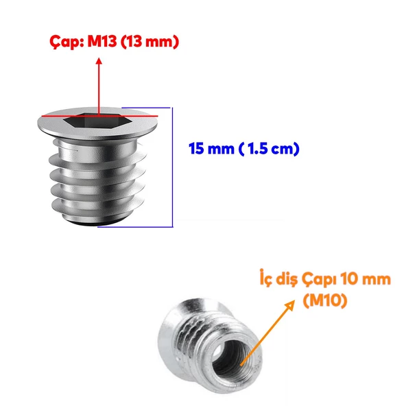 Metal Düz Dişli Dübel Ahşap Dübeli M10 13x15 Diş Çinko Mobilya Bağlantı Ünite Birleştirme (50 ADET) - 3