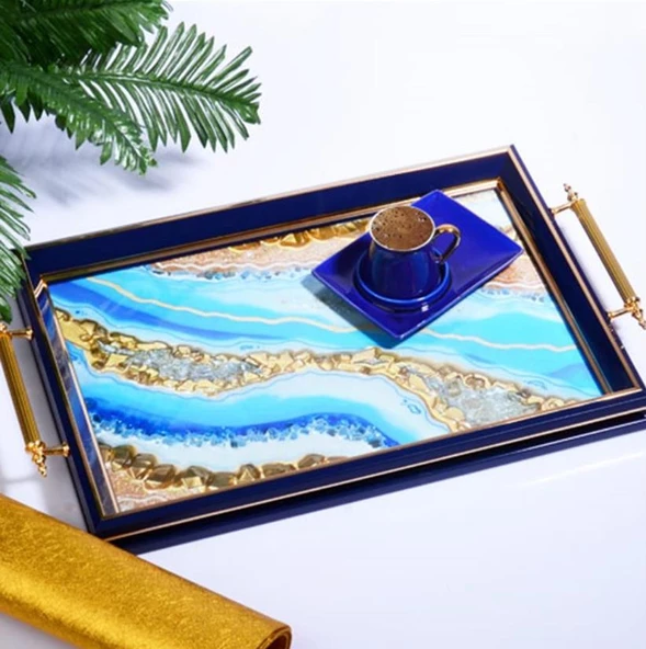 Kosova La-211 Kulplu Lüx Dikdörtgen Tepsi 50 x 31 Cm Lacivert - Resim 2