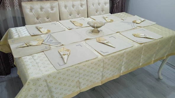 Mandaş Yemek seti 8 Kişilik deri runnerli  yüzüklü  krem/ altın