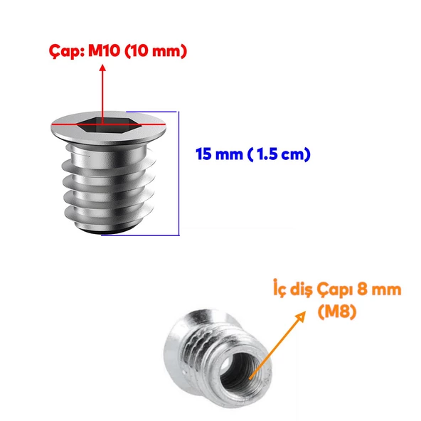 Metal Düz Dişli Dübel Ahşap Dübeli M8 10x15 Diş Çinko Mobilya Bağlantı Ünite Birleştirme (50 ADET) - 5