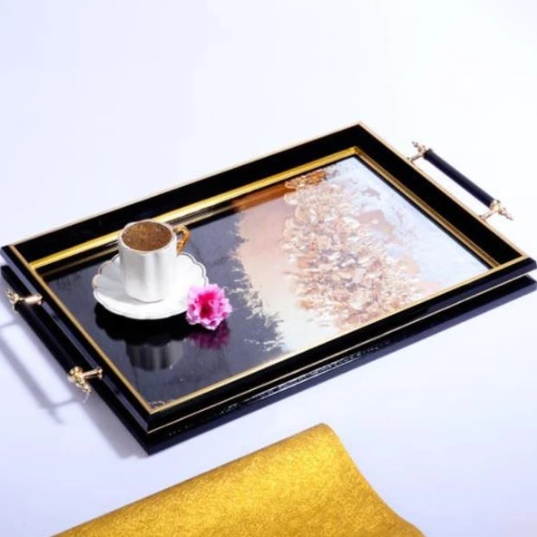 Kosova Sa-210 Kulplu Lüx Dikdörtgen Tepsi 50 x 31 Cm Siyah - Resim 2