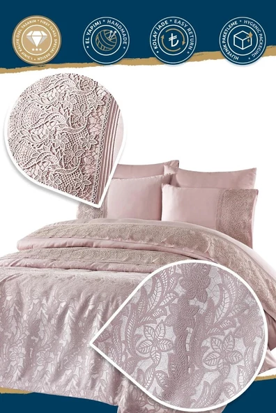 Nazik Home Blenda Dantelli Nevresim Takımı ve Pike 7 Parça Seti Pudra Çift Kişilik - Resim 4