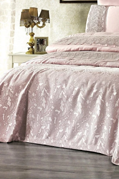 Nazik Home Blenda Dantelli Nevresim Takımı ve Pike 7 Parça Seti Pudra Çift Kişilik - Resim 2