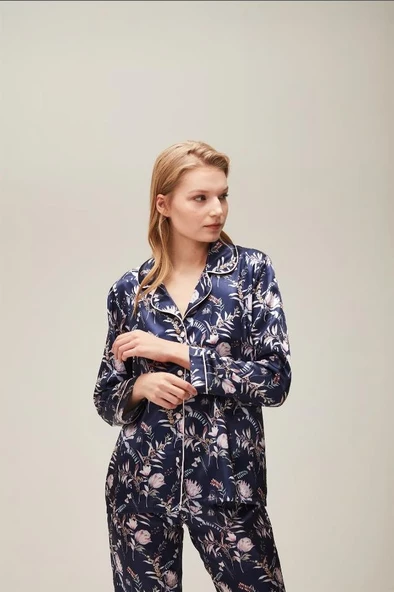 Nazik Home Mia Düğmeli Pijama Takımı Lacivert L - 5