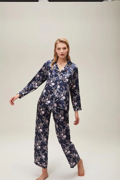 Nazik Home Mia Düğmeli Pijama Takımı Lacivert L - 6