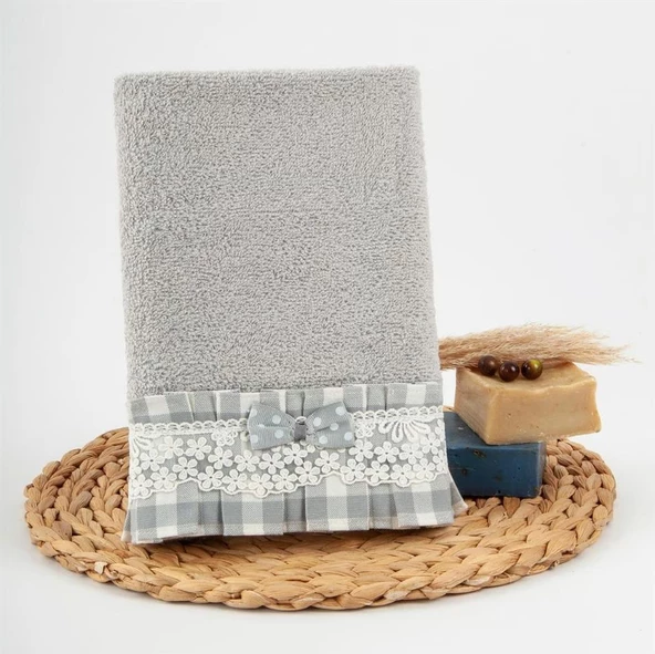 Nazik Home Lucca Pötikare Kumaşlı Dantelli Ve Fiyonklu Havlu Gri 30X50