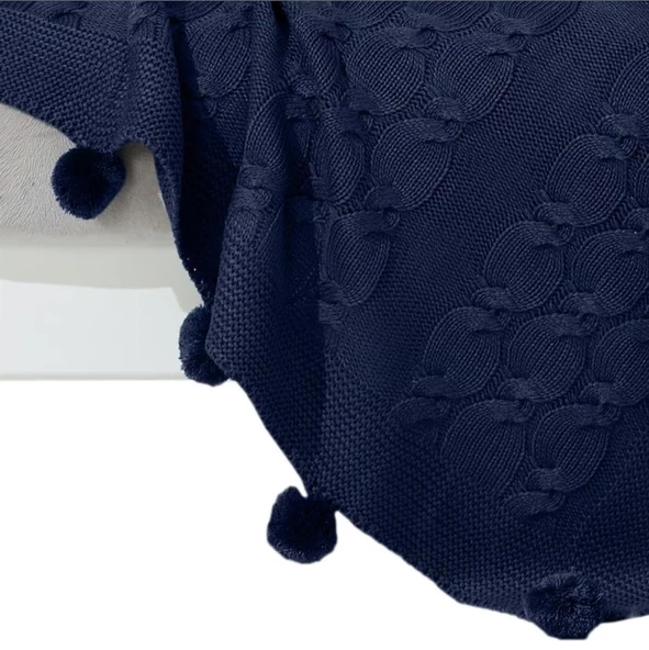 Nazik Home Ponponlu Dekoratif Bella TV Diz Battaniyesi Lacivert 130X170 - 2