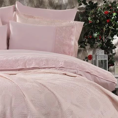 Nazik Home Estina Dantelli Nevresim, Jakar Desenli Yatak Örtüsü 9 Parça Çeyiz Seti Pudra Çift Kişilik - 2