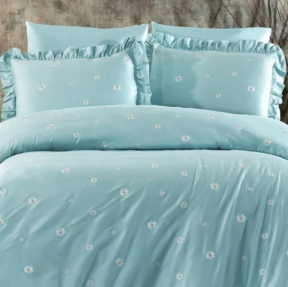 Nazik Home Sunny Papatya Nakışlı Nevresim Takımı Mint Çift Kişilik - 3