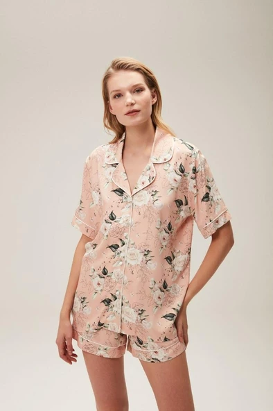 Nazik Home Ferya Düğmeli Şort Takım Pudra L - 4