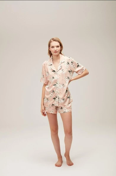 Nazik Home Ferya Düğmeli Şort Takım Pudra L - 2