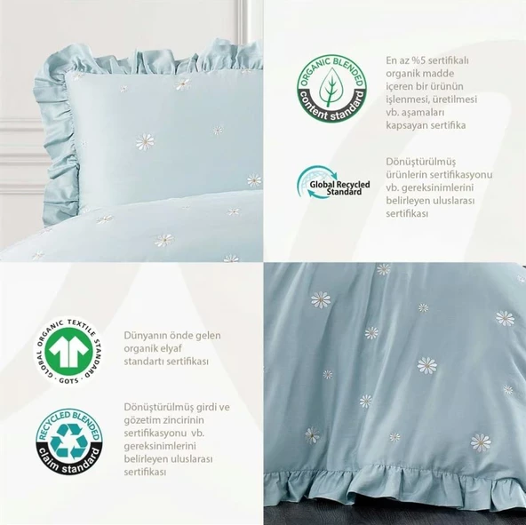 Nazik Home Sunny Papatya Nakışlı Nevresim Takımı Mint Çift Kişilik - 4