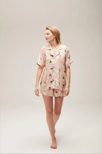 Nazik Home Ferya Düğmeli Şort Takım Pudra L - 3