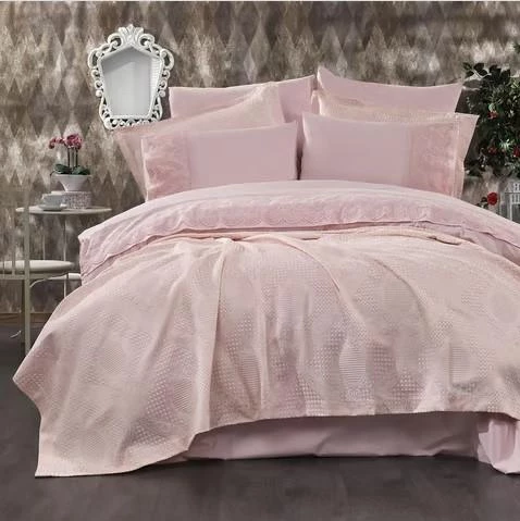 Nazik Home Estina Dantelli Nevresim, Jakar Desenli Yatak Örtüsü 9 Parça Çeyiz Seti Pudra Çift Kişilik