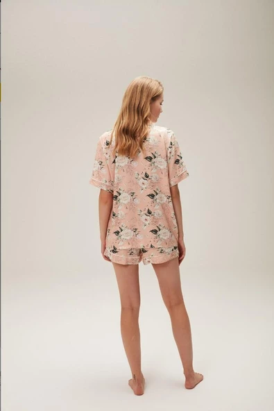 Nazik Home Ferya Düğmeli Şort Takım Pudra S - 6
