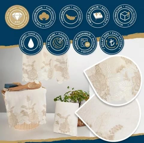 Nazik Home Floransa Dantelli Pamuk Havlu Krem 30X50 - 2