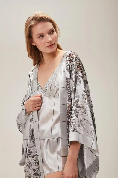 Nazik Home Zen Sabahlık Şort Büstiyer 3'lü Takım Gri L - 5