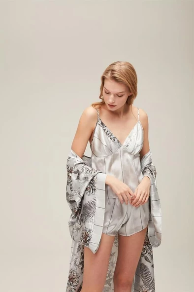 Nazik Home Zen Sabahlık Şort Büstiyer 3'lü Takım Gri L