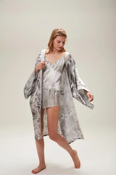 Nazik Home Zen Sabahlık Şort Büstiyer 3'lü Takım Gri L - 3