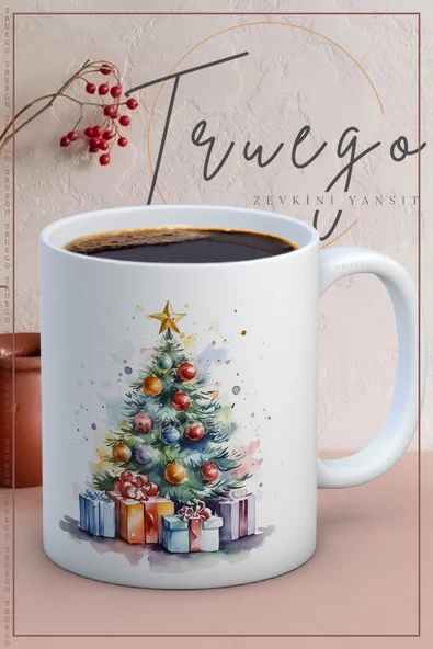 Baskılı Kupa Bardak Seramik Mug - Yılbaşı Ağaç