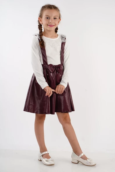 Deri Etekli Brode Yaka Kız Çocuk Takım MNK2113 - Resim 3