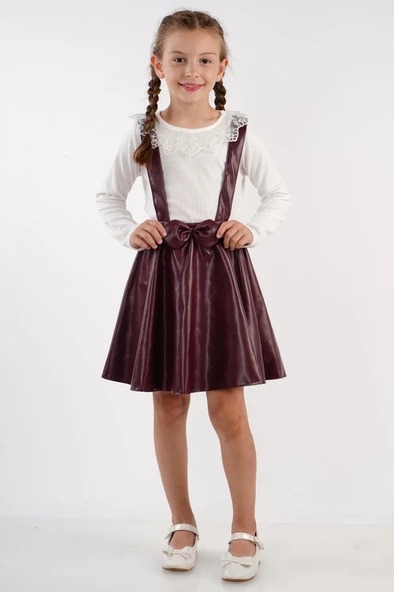 Deri Etekli Brode Yaka Kız Çocuk Takım MNK2113 - Resim 4