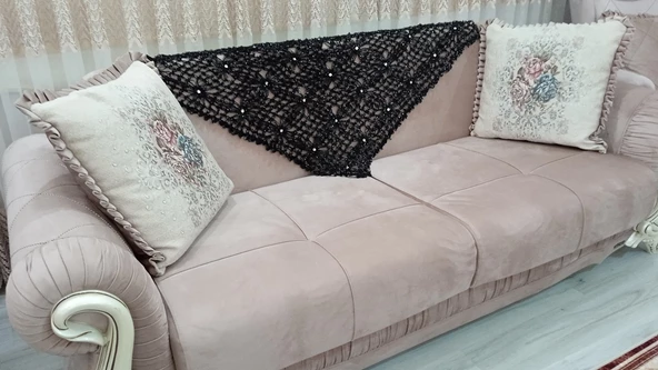 Mandaş Tığ işi El Örgü Koltuk Şalı 100*100 Siyah