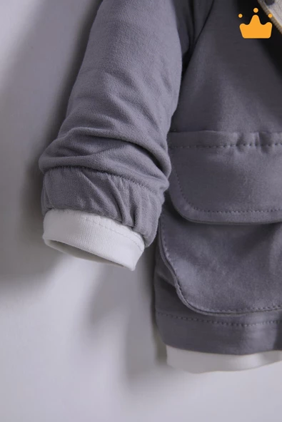 Babyhola Bayramlık 3'lü Kapşonlu Hırka Badi Pantolon Erkek Bebek Çocuk Alt Üst Takım - 8