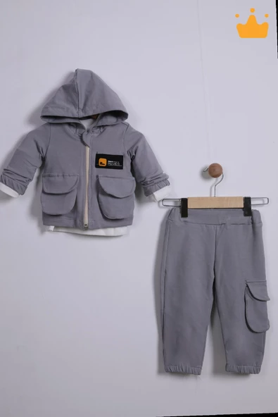 Babyhola Bayramlık 3'lü Kapşonlu Hırka Badi Pantolon Erkek Bebek Çocuk Alt Üst Takım - 2