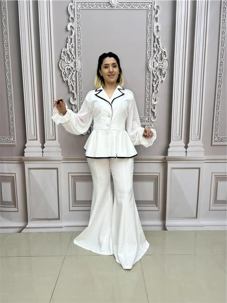 Kolları Şifon Büyük Beden Ceketli Takım - BEYAZ - 2
