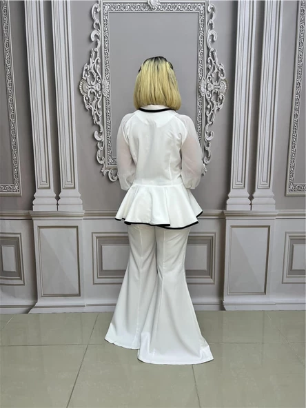 Kolları Şifon Büyük Beden Ceketli Takım - BEYAZ - 6
