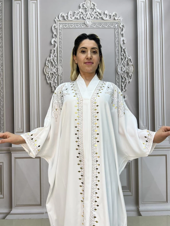 V Yaka Büyük Beden Crystal Taşlı Uzun Elbise - BEYAZ - 2