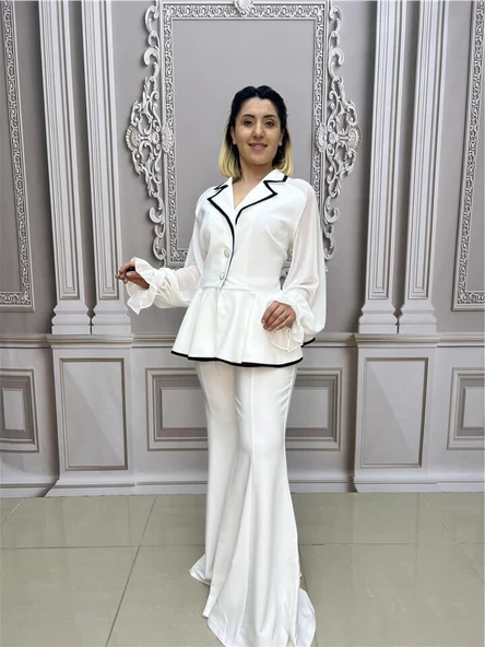 Kolları Şifon Büyük Beden Ceketli Takım - BEYAZ - 4