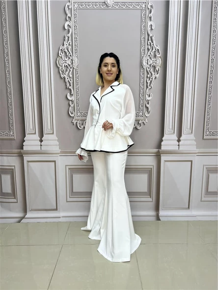 Kolları Şifon Büyük Beden Ceketli Takım - BEYAZ - 5