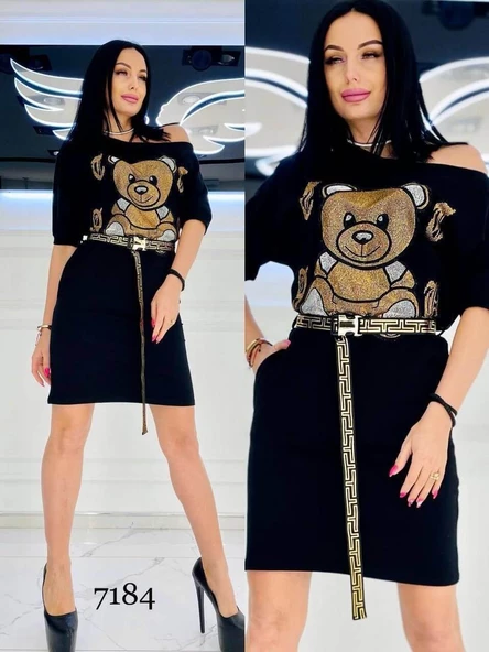 TE. Crystal Taşlı Kısa Elbise - SİYAH GOLD ürün görseli 1