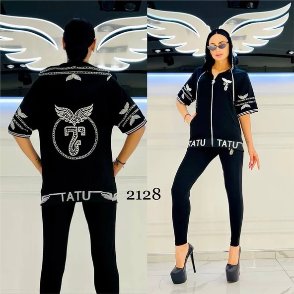 Kapşonlu Zincirli Crystal Taşlı Taytlı Takım - SİYAH GÜMÜŞ