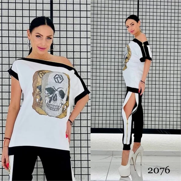 Omuz Açık Kurukafa Crystal Taşlı Eşofman Takımı - EKRU