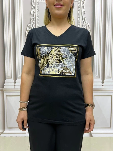 Çerçeveli Yaprak Tshirt - SİYAH - 3