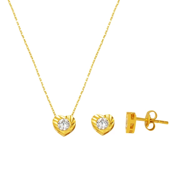 Kalp Tek Taşlı 22 Ayar Altın Takı Seti ürün görseli 1