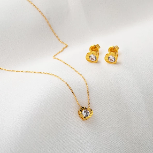 Kalp Tek Taşlı 22 Ayar Altın Takı Seti - Resim 2